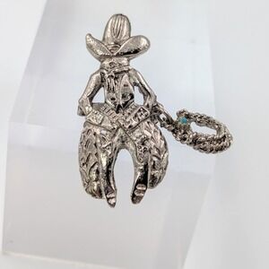 Vintage Western Cowboy Brooch Roper Lasso Silver Tone Rodeo Novelty